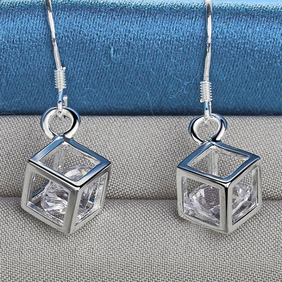 Boxed Inlayed Cubic Zirconia Drop Earrings Solid 925 Sterling Silver - Picture 1 of 5